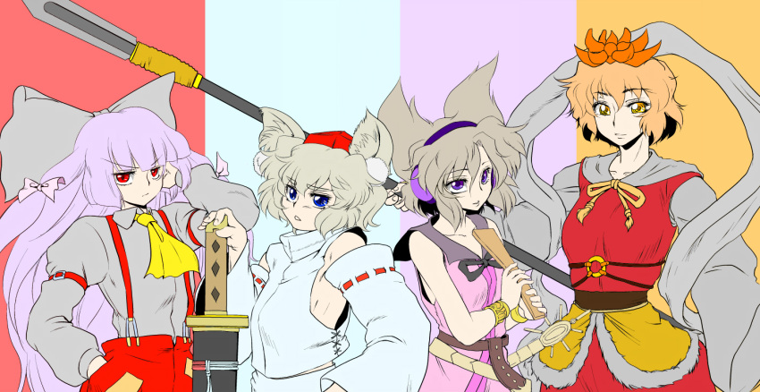 4girls adjusting_hair animal_ears ascot bare_shoulders bishamonten's_spear blonde_hair blue_eyes bow commentary_request danna_(karatekikku) detached_sleeves fujiwara_no_mokou grey_hair hair_ornament hair_ribbon hairbow hand_in_pocket hat headphones inubashiri_momiji long_hair multiple_girls pants polearm purple_eyes red_eyes ribbon ritual_baton shirt short_hair sleeveless sleeveless_shirt spear suspenders sword tokin_hat toramaru_shou touhou toyosatomimi_no_miko weapon wolf_ears yari yellow_eyes