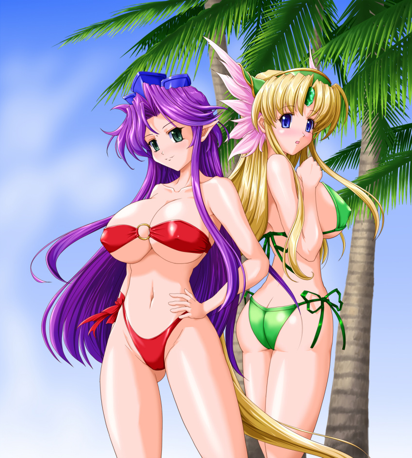 2girls :o angela_(seiken_densetsu_3) ass bandeau bikini blonde_hair blue_eyes blush breasts butt_crack cloud commentary_request covered_nipples day green_bikini green_eyes hand_on_own_hip hat helmet highres huge_breasts legs long_hair looking_back midriff multiple_girls o-ring o-ring_top palm_tree pointy_ears purple_hair raochuu red_bikini riesz seiken_densetsu seiken_densetsu_3 side-tie_bikini_bottom sideboob sky smile swimsuit thighs tree underboob very_long_hair winged_helmet