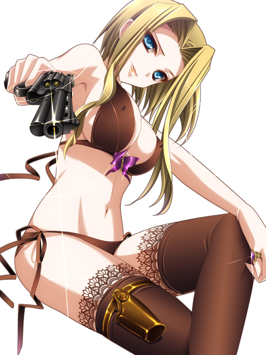 bikini black_bikini blonde_hair blue_eyes bra breasts bug butterfly colt_python commentary_request covered_nipples crossed_legs female gun handgun head_tilt highres holster jewelry lace lace-trimmed_legwear lace_trim large_breasts legs lingerie lips looking_at_viewer monety navel original photoshop_(medium) revolver ring shiny short_hair side-tie_bikini_bottom simple_background sitting smile solo swimsuit thighhighs thighs underwear weapon white_background