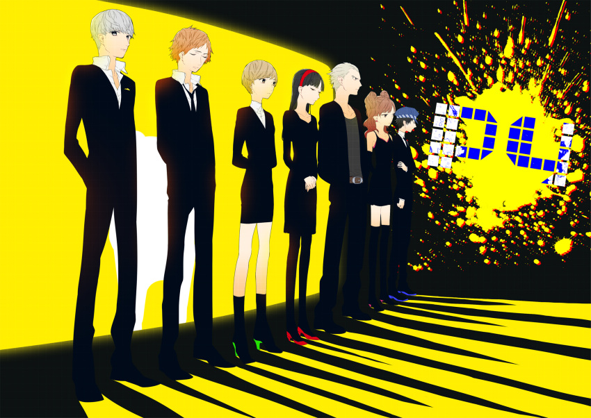 4boys 4girls amagi_yukiko androgynous bad_id bad_pixiv_id belt black_hair black_theme blonde_hair blue_hair brown_hair cabbie_hat closed_eyes copyright_name crossdressing crossed_arms delinquent detective dress earrings everyone expressionless formal grey_eyes grey_hair hairband hanamura_yousuke hands_in_pockets hat high_heels highres idol jacket jewelry kujikawa_rise kuma_(persona_4) kunkun_(ysg) lineup long_hair looking_at_viewer looking_away multiple_boys multiple_girls narukami_yuu necktie open_clothes open_jacket pants pantyhose persona persona_4 photoshop_(medium) platform_footwear reverse_trap satonaka_chie serious shirogane_naoto shoes short_hair skirt sleeveless sleeveless_dress standing tatsumi_kanji tomboy twintails yellow_theme