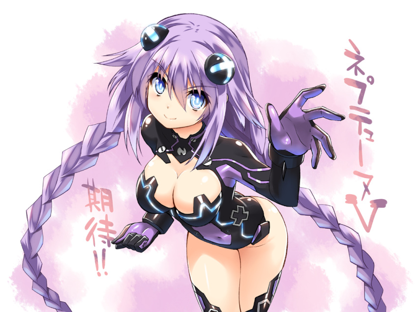 black_thighhighs blue_eyes blush bracer braid breasts cleavage cleavage_cutout clenched_hand clothing_cutout commentary_request copyright_name covered_navel cowboy_shot female foreshortening gloves hair_between_eyes hair_ornament hand_up large_breasts leaning_forward leotard light_smile long_hair long_sleeves looking_at_viewer magical_girl neon_trim neptune_(series) power_symbol power_symbol-shaped_pupils purple_background purple_hair purple_heart_(neptunia) shinozuka_atsuto sidelocks smile solo symbol-shaped_pupils thighhighs translated turtleneck twin_braids very_long_hair