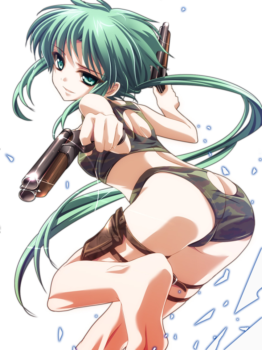 ass ass_cutout bare_shoulders barefoot bikini butt_crack camouflage clothing_cutout commentary_request dual_wielding female green_eyes green_hair gun highres holding holster long_hair midriff monety original photoshop_(medium) ponytail shards sidelocks simple_background solo swimsuit thigh_holster weapon white_background