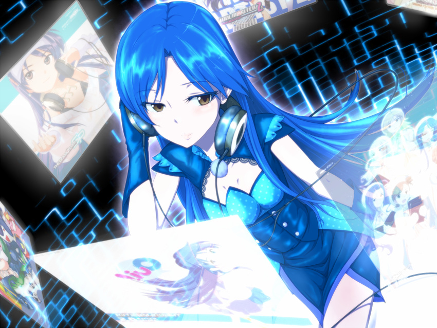 blue_hair brown_eyes clearite commentary_request female floating_screen gloves hand_on_headphones headphones idolmaster idolmaster_(classic) kisaragi_chihaya long_hair smile solo