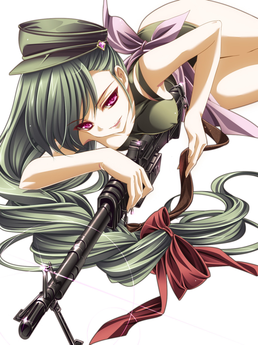 asymmetrical_bangs breasts commentary_request covered_nipples female gem green_hair gun hair_ribbon hat highres long_hair lying m60 machine_gun medium_breasts monety on_side original photoshop_(medium) red_eyes ribbon simple_background smirk solo weapon white_background