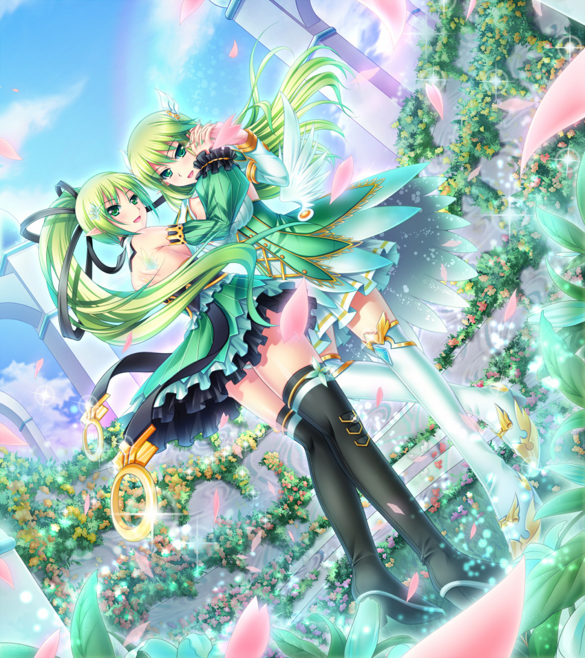 black_legwear commentary_request dual_persona elsword female flower grand_archer_(elsword) green_eyes green_hair green_sleeves high_ponytail highres holding_hands interlocked_fingers long_hair petals pointy_ears ponytail rena_erindel skirt smile thighhighs tsukimi_kirara white_legwear wind_sneaker_(elsword) zettai_ryouiki