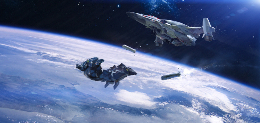 agnidevi blue_theme commentary concept_art copyright_request earth_(planet) english_commentary galaxy highres in_orbit lens_flare mecha motion_blur no_humans original photoshop_(medium) planet realistic robot science_fiction space spacecraft star_(sky)