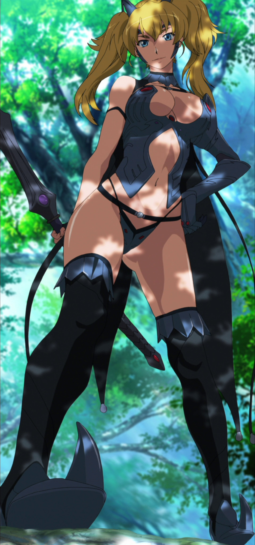 absurdres armor blonde_hair blue_eyes elina female highres long_image panties queen's_blade queen's_blade_rebellion screencap smile solo standing stitched tall_image underwear