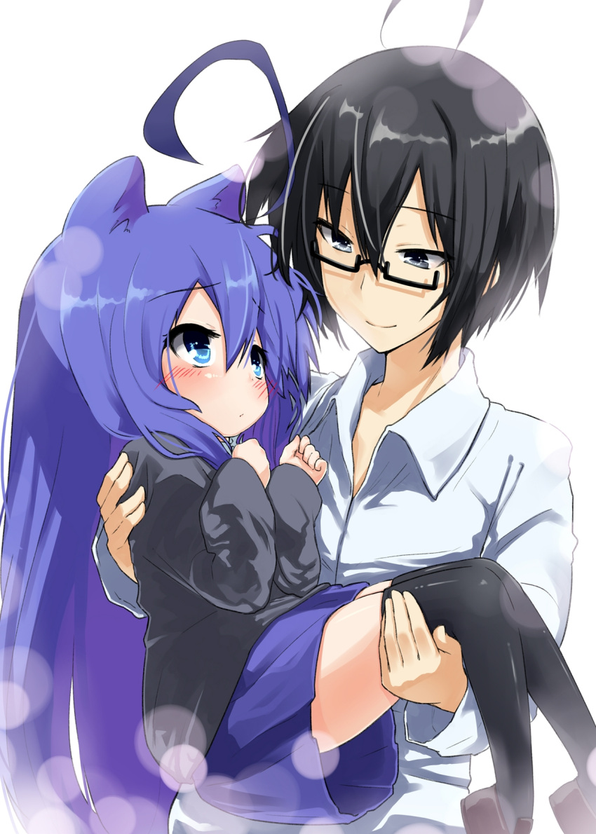 1boy acchi_kocchi ahoge animal_ears bad_id bad_pixiv_id black-framed_eyewear black_eyes black_hair black_legwear blue_eyes blue_hair blush carrying couple eye_contact female glasses highres huge_ahoge long_hair long_sleeves looking_at_another miniwa_tsumiki omaru_gyuunyuu otonashi_io princess_carry semi-rimless_eyewear short_hair skirt smile straight sweater thighhighs under-rim_eyewear very_long_hair zettai_ryouiki