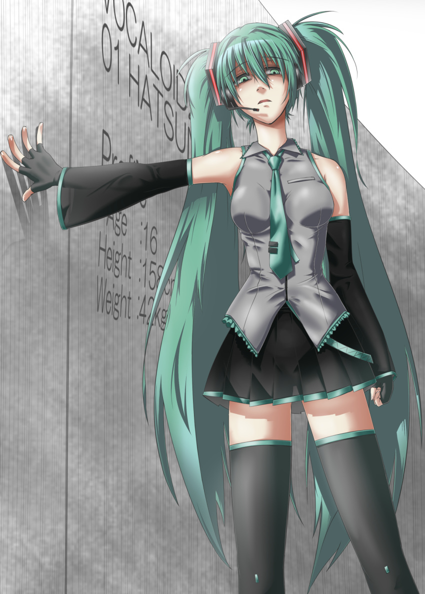 aqua_eyes aqua_hair bad_id bad_pixiv_id detached_sleeves female hatsune_miku headset highres long_hair necktie ryousan_gataki skirt solo stats thighhighs twintails vocaloid