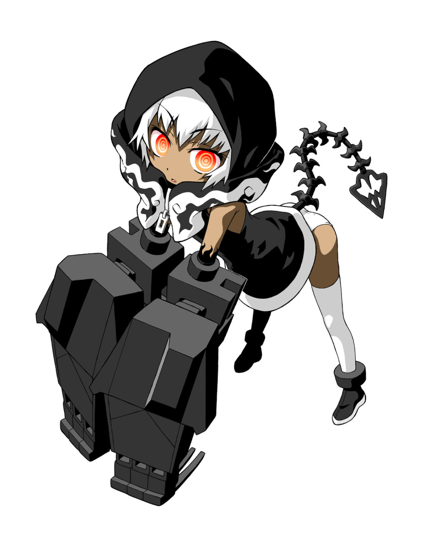 bad_id bad_pixiv_id black_rock_shooter female highres hood hoodie mechanical_arms orange_eyes panties senju_rion short_hair single_mechanical_arm solo strength_(black_rock_shooter) tail thighhighs underwear white_hair white_panties