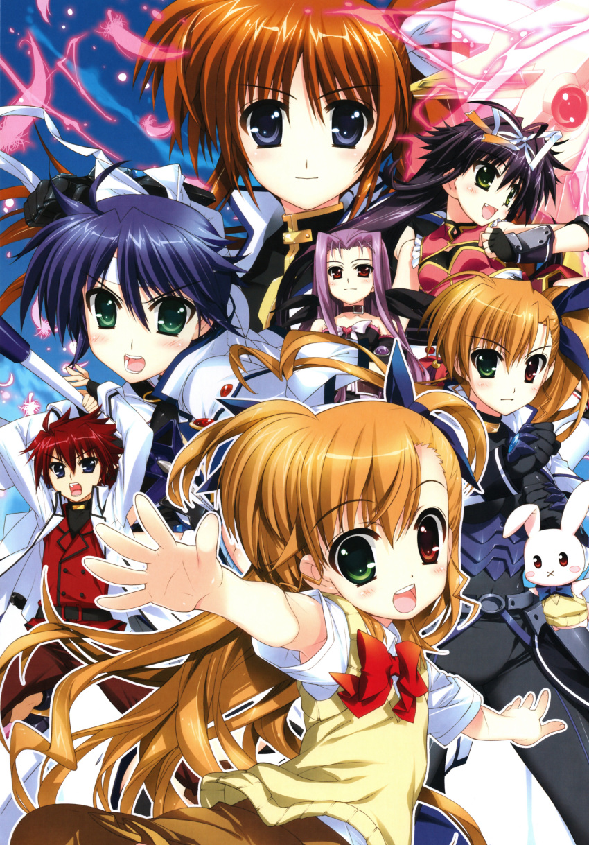 1boy 6+girls absurdres blonde_hair blue_eyes bow dual_persona erio_mondial fujima_takuya green_eyes heterochromia highres lutecia_alpine lyrical_nanoha magical_boy magical_girl mahou_shoujo_lyrical_nanoha_vivid multiple_girls oerba_yun_fang official_art open_mouth purple_eyes purple_hair raising_heart raising_heart_(exceed_mode) red_eyes red_hair rio_wezley sacred_heart scan school_uniform side_ponytail st._hilde_academy_of_magic_uniform strada subaru_nakajima takamachi_nanoha takamachi_nanoha_(exceed_mode) vivio