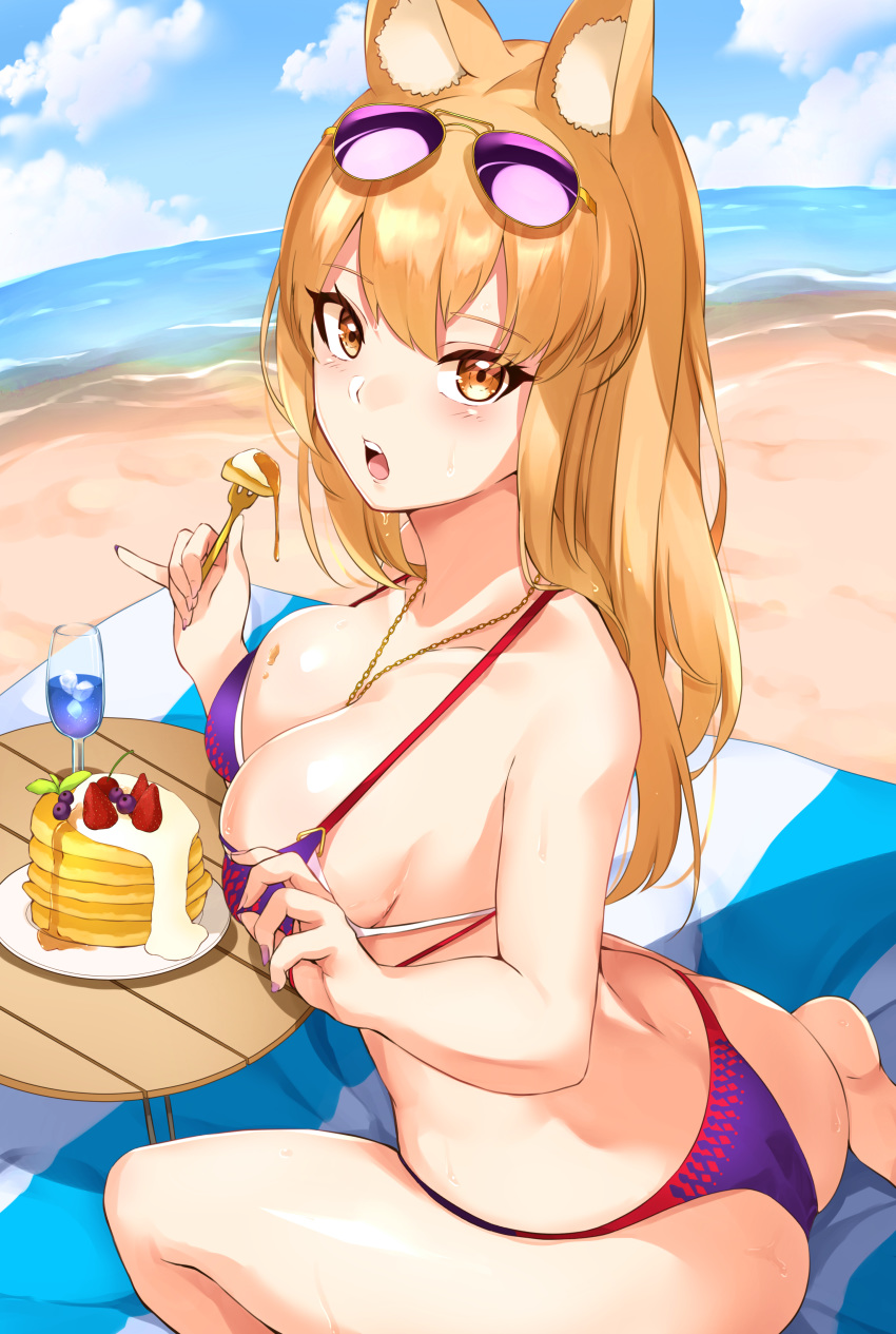 :o absurdres animal_ears ass back bare_arms bare_legs bare_shoulders barefoot beach beach_towel blue_sky blueberry blush breasts cleavage clothing_aside cloud collarbone cup day dimples_of_venus drink drinking_glass eyewear_on_head fate/extra fate/extra_ccc fate/extra_ccc_fox_tail fate_(series) female food fork fox_ears fox_girl from_behind fruit haneramu highres holding holding_fork horizon ice ice_cube large_breasts long_hair looking_at_viewer looking_back ocean open_mouth orange_eyes orange_hair outdoors pancake purple-tinted_eyewear rimless_eyewear sitting sky solo strawberry sunglasses suzuka_gozen_(fate) suzuka_gozen_(heavenly_demon_princess)_(fate) table thong_aside tinted_eyewear towel wariza water wooden_table