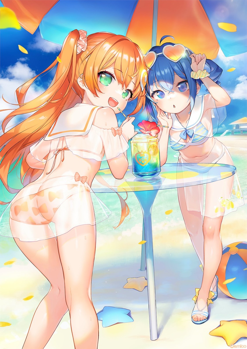 2girls :d ahoge amiami_(company) amico arm_up ass ball beach beach_umbrella beachball bikini blue_eyes blue_hair blue_sky blush breasts cloud cloudy_sky collarbone commentary_request crossed_bangs detached_collar drinking_straw eyelashes eyewear_on_head feet_out_of_frame from_behind full_body green_eyes hair_ornament hair_scrunchie henreader highres kneepits leaning_forward legs lilco logo_hair_ornament long_hair looking_at_viewer looking_back medium_breasts multiple_girls navel off-shoulder_bikini off_shoulder official_art open_mouth orange_hair outdoors print_bikini sailor_collar sandals scrunchie see-through shiny_skin sidelocks sky smile starfish striped_bikini striped_clothes swimsuit table teeth thighs toes twintails two_side_up umbrella upper_teeth_only water