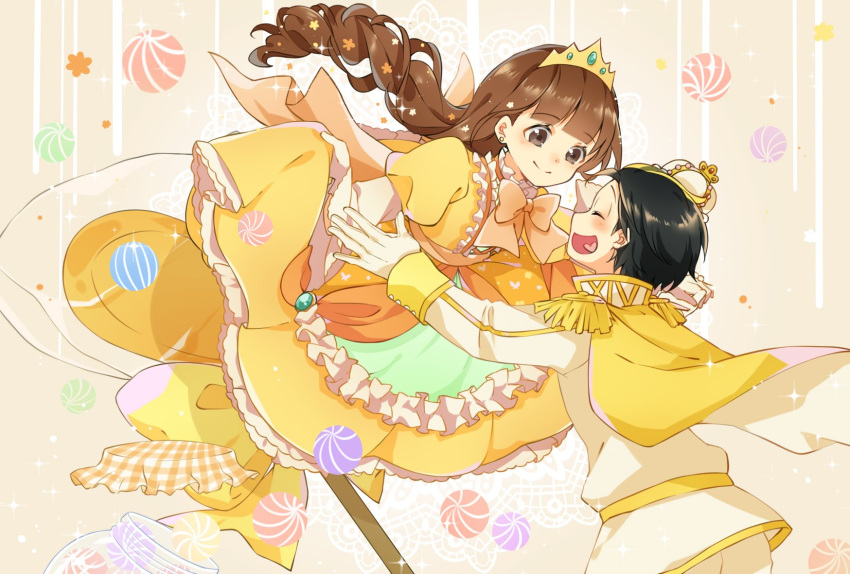 1boy black_hair blush braid brown_eyes brown_hair candy crown dress dt.calico earrings epaulettes female food frilled_dress frills gown heart heart_in_mouth highres jewelry jyushimatsu's_girlfriend lollipop long_sleeves looking_at_another matsuno_jyushimatsu osomatsu-kun osomatsu-san osomatsu_(series) prince princess short_hair sideways_mouth single_braid smile yellow_dress