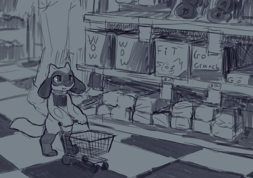 ambiguous_gender anthro canid canine conditional_dnp dacad detailed_background duo food generation_4_pokemon greyscale groceries grocery_store human inside lol_comments mammal monochrome nintendo pokemon pokemon_(species) riolu shopping_cart size_difference solo_focus standing supermarket