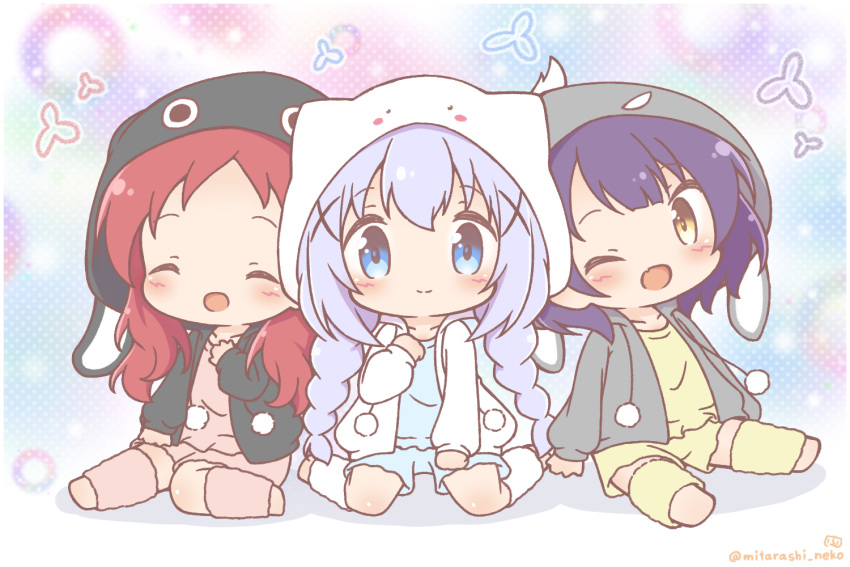 3girls ^_^ animal_ears animal_hood blue_camisole blue_hair braid camisole character_hood chibi chimame-tai closed_eyes commentary_request drawstring fake_animal_ears flower_(symbol) girl_sandwich gochuumon_wa_usagi_desu_ka? grey_jacket hair_ornament hood hood_up jacket jouga_maya kafuu_chino kneehighs light_blue_hair long_hair long_sleeves loungewear mitarashi_neko multicolored_background multiple_girls natsu_megumi no_shoes oerba_yun_fang one_eye_closed open_clothes open_jacket pink_camisole pink_legwear pink_shorts polka_dot polka_dot_background pom_pom_(clothes) rabbit_ears rabbit_hood red_hair sandwiched seiza shorts sidelocks sitting smile socks toeless_legwear twin_braids twitter_username white_jacket x_hair_ornament yellow_camisole yellow_legwear yellow_shorts