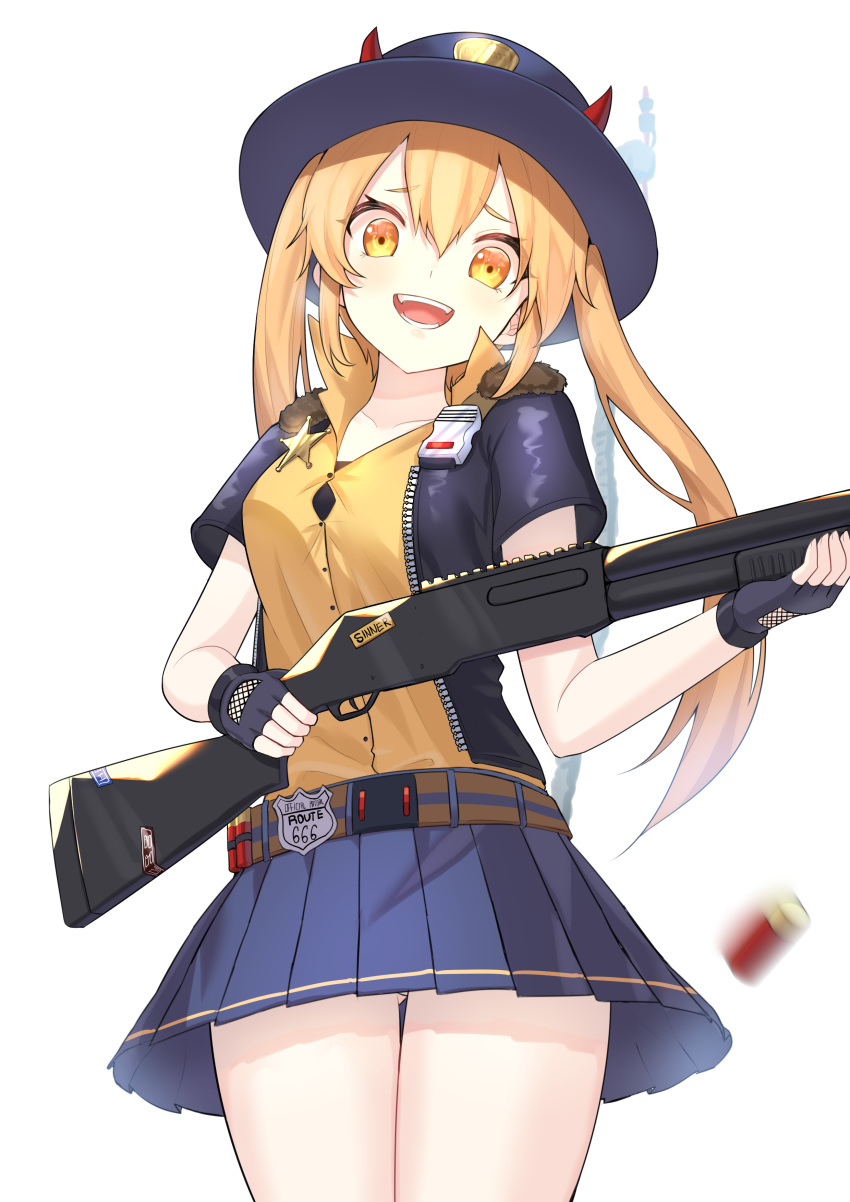 666 absurdres belt blonde_hair bomber_jacket breasts commentary commission english_commentary female fingerless_gloves girls'_frontline gloves gun hat highres horns jacket large_breasts long_hair m870_(girls'_frontline) mechanical_tail open_mouth pellas_(panix2383) pleated_skirt police_badge pump_action remington_870 remington_arms sheriff sheriff_badge short_sleeves shotgun shotgun_shell skirt solo tail twintails weapon yellow_eyes