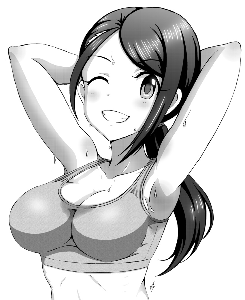 armpits arms_behind_head arms_up blush breasts cleavage collarbone dripping female greyscale grin highres idolmaster idolmaster_cinderella_girls large_breasts midriff_peek monochrome one_eye_closed parted_bangs ponytail sidelocks simple_background smile sports_bra stained_clothes sweat underwear vzmk2 white_background yamato_aki