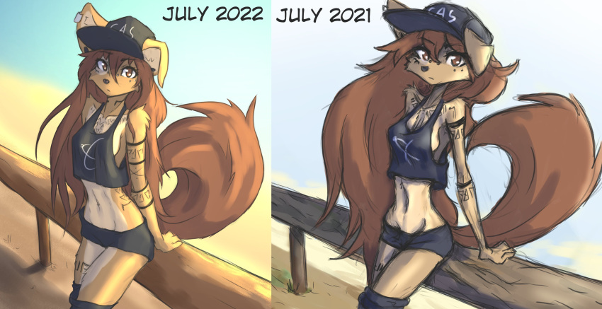 2021 2022 absurd_res anthro apogee_(tinygaypirate) arm_markings arm_support arm_tattoo arm_tuft art_improvement beach black_nose bottomwear breasts brown_body brown_eyes brown_fur brown_hair canid canine canis cheek_tuft chest_markings chest_tattoo clothing curled_tail dated day domestic_dog ear_piercing elbow_tuft english_text eyebrow_through_hair eyebrows eyelashes facial_markings facial_piercing facial_tattoo facial_tuft female female_anthro floppy_ears footwear fur furgonomics furry-specific_piercing gauged_ear hair hat head_markings headgear headwear hi_res hip_markings hip_tattoo inner_ear_fluff leg_markings leg_tattoo leg_tuft legwear long_hair looking_at_viewer mammal markings mottled mottled_nose multiple_images muzzle_piercing navel neck_markings neck_tattoo nose_piercing outside piercing pink_nose portrait redraw seaside shadow shirt shorts side_boob sideless_topwear sitting slim socks solo spitz tail tank_top tattoo text text_on_clothing text_on_hat text_on_headwear thigh_highs thigh_socks three-quarter_portrait tinygaypirate topwear translucent translucent_hair tuft v-cut water