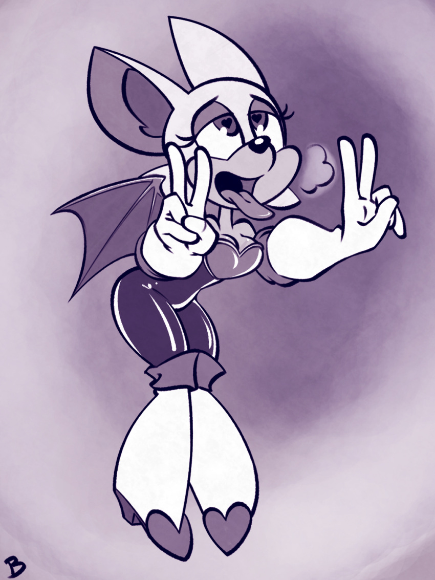 3:4 ahe_gao anthro bat breasts breath cleavage clothed clothing female gesture hand_gesture heart_eyes heart_symbol hi_res looking_pleasured mammal monochrome panting roger_bacon rouge_the_bat sega solo sonic_the_hedgehog_(series) tongue tongue_out v_sign wings