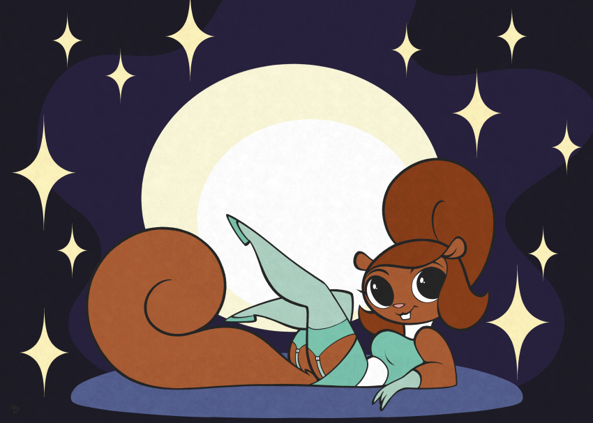 absurd_res anthro breasts brown_hair clothed clothing female footwear full_moon garter_straps hair hanna-barbera hi_res legs_up legwear looking_at_viewer lying mammal moon penny_squirrel rodent roger_bacon sciurid secret_squirrel_show shoes solo star stockings tree_squirrel