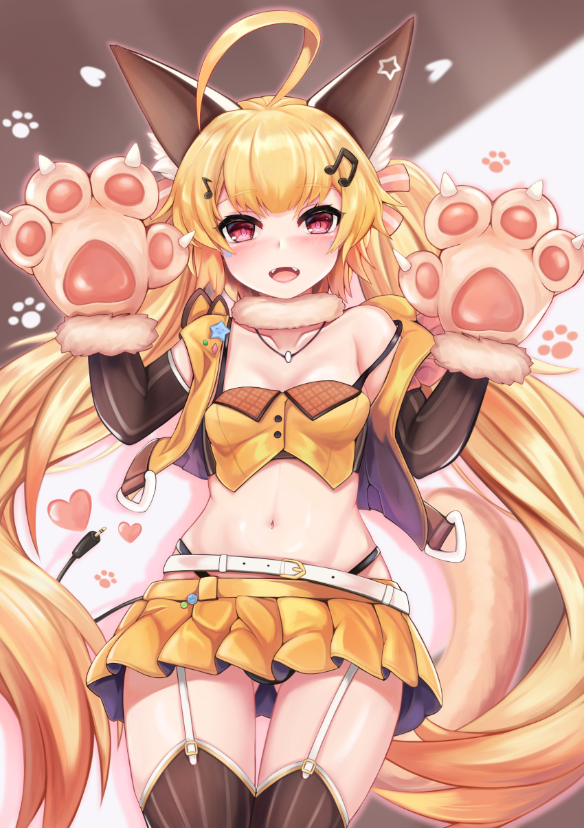 :d absurdres ahoge animal_ear_fluff animal_ears animal_hands ass_visible_through_thighs azur_lane bare_shoulders black_thighhighs blonde_hair breasts cat_ears cat_girl cat_tail collarbone commentary_request cowboy_shot crop_top eldridge_(azur_lane) eldridge_(kitty_idol)_(azur_lane) fangs female fur_collar garter_straps gloves hair_ornament hands_up highleg highres jewelry long_hair looking_at_viewer midriff miniskirt musical_note musical_note_hair_ornament navel necklace off_shoulder official_alternate_costume open_mouth orange_shirt orange_skirt paw_gloves red_eyes ryara shirt skirt small_breasts smile solo striped_clothes striped_thighhighs tail thighhighs twintails very_long_hair vest zettai_ryouiki