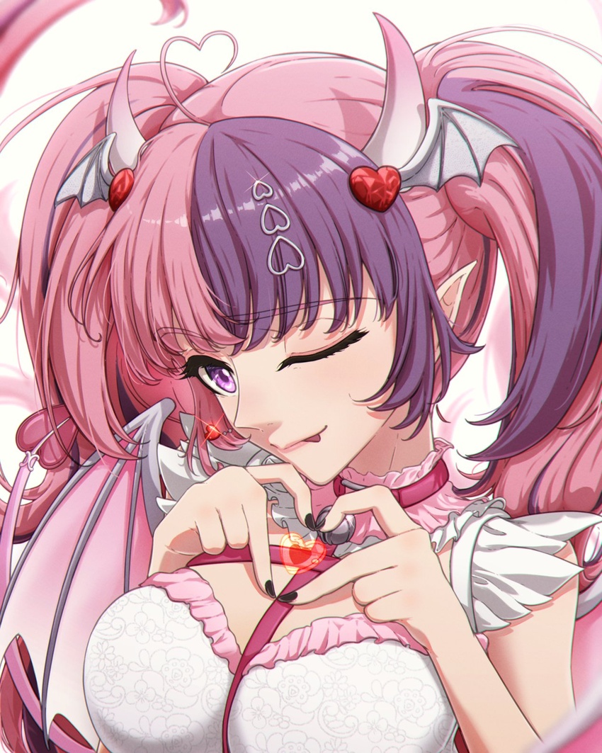 ;p ahoge aldivvxiv belt black_nails breasts chest_belt choker demon_horns demon_tail demon_wings dress female hair_ornament head_wings heart heart_ahoge heart_hair_ornament heart_hands highres horns ironmouse ironmouse_(demon_form) large_breasts long_hair looking_at_viewer multicolored_hair nail_polish o-ring o-ring_choker one_eye_closed pink_belt pink_choker pink_hair pointy_ears purple_eyes purple_hair smile solo streaked_hair tail tongue tongue_out twintails virtual_youtuber vshojo white_dress wings