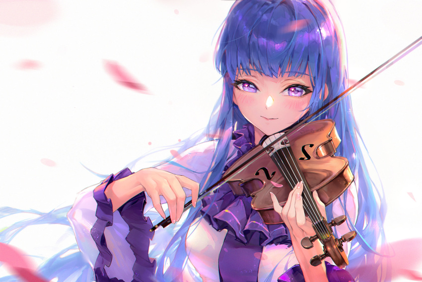 ascot blue_hair blush breasts commentary eyelashes female fingernails frilled_sleeves frills highres instrument large_breasts long_hair long_sleeves looking_at_viewer marija_(muse_dash) marija_(violinist)_(muse_dash) miyama_tsubaki_me motion_blur muse_dash music petals photoshop_(medium) playing_instrument purple_ascot purple_eyes simple_background smile solo upper_body violin white_background wide_sleeves