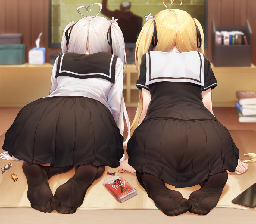 2girls absurdres ahoge all_fours ass ass_focus bad_id bad_twitter_id black_ribbon black_shirt black_skirt blonde_hair blurry blurry_background candy candy_wrapper cellphone commentary don't_you_ever_stop_(meme) feet food from_behind gundam gundam_tekketsu_no_orphans hair_ribbon heart heart_ahoge highres indoors long_hair long_sleeves meme multiple_girls niliu_chahui no_shoes orga_itsuka original phone pleated_skirt pocky revision ribbon school_uniform serafuku shirt short_sleeves siblings sisters skirt smartphone soles symbol-only_commentary toes tokisaki_asaba_(niliu_chahui) tokisaki_mio_(niliu_chahui) white_hair white_shirt