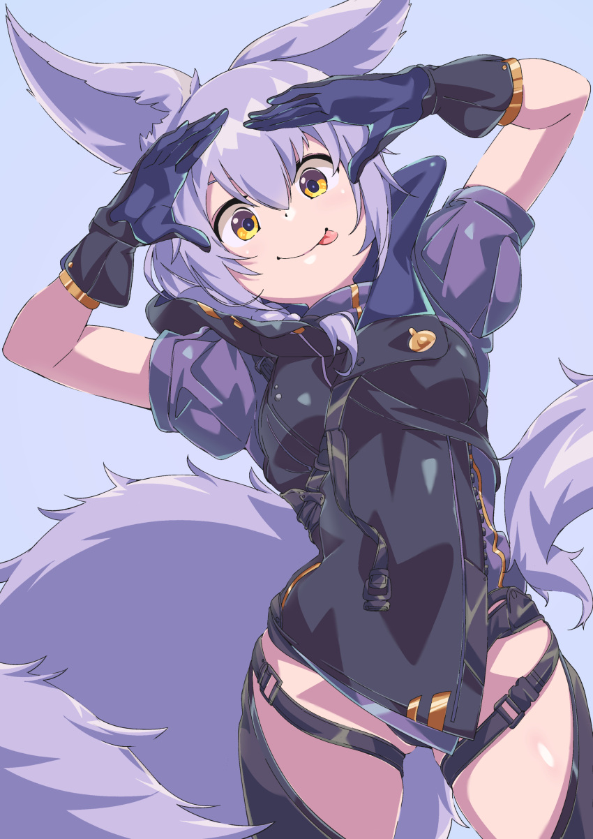 :p absurdres animal_ears arknights arms_up braid commentary_request cowboy_shot female gloves hair_between_eyes highres jacket large_tail looking_at_viewer provence_(arknights) puffy_short_sleeves puffy_sleeves purple_background purple_hair purple_jacket purple_tail sajimaririri short_hair short_sleeves simple_background single_braid smile solo standing tail thigh_strap thighs tongue tongue_out wolf_ears yellow_eyes