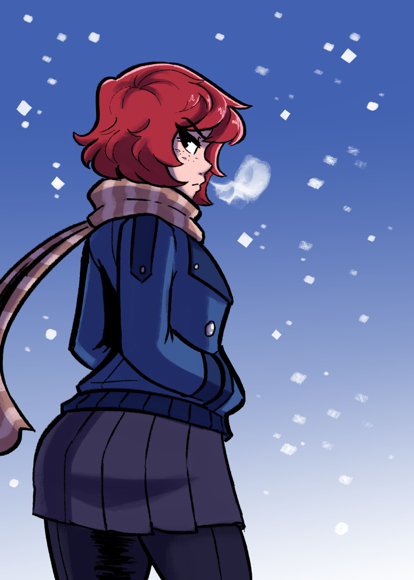 absurdres back_turned black_eyes breasts brown_hair coat female freckles hand_in_pocket highres jacket kim_pine looking_at_viewer looking_back orange_hair pants pants_under_skirt pantyhose red_hair scarf scott_pilgrim_(series) scruffyturtles short_hair skirt skirt_over_leggings small_breasts solo winter winter_clothes winter_coat