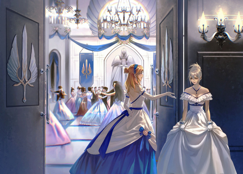 6+boys 6+girls arm_behind_back arms_at_sides ballroom banner bare_shoulders beckoning black_hair blue_bow blue_eyes blue_ribbon blurry bow braid breasts chandelier cleavage clothes_grab commentary crowd dancing depth_of_field dress elbow_gloves english_commentary faceless faceless_female faceless_male frilled_dress frills gloves gown grey_hair hair_between_eyes hair_bun hairband half_updo highres houraisan_chouko indoors jewelry lamp league_of_legends long_hair looking_at_another lux_(league_of_legends) medium_hair motion_blur multiple_boys multiple_girls necklace nervous off-shoulder_dress off_shoulder open_door open_mouth outstretched_arm pendant ponytail ribbon riven_(league_of_legends) sash short_hair sidelocks single_hair_bun smile standing statue strapless strapless_dress sweatdrop sword waltz_(dance) weapon white_bow white_dress white_gloves winged_sword yellow_eyes