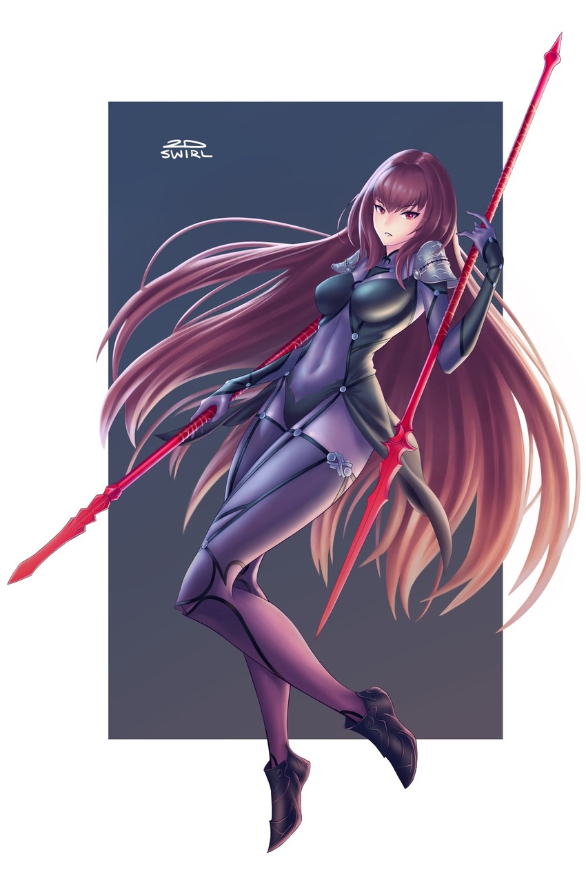 2dswirl armor backlighting bodysuit fate/grand_order fate_(series) female full_body gae_bolg_(fate) highres long_hair pauldrons polearm purple_hair red_eyes scathach_(fate) shoulder_armor skin_tight spear weapon