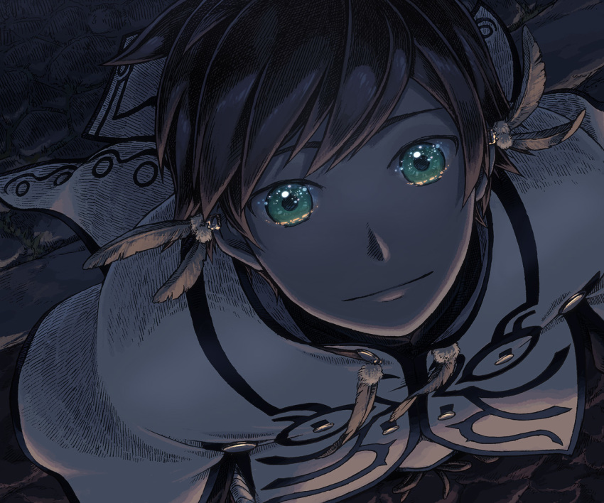 1boy brown_hair cloak closed_mouth commentary_request earrings feather_earrings feathers from_above graphite_(medium) green_eyes jewelry looking_at_viewer looking_up male_focus smile solo sorey_(tales) stone_floor swept_bangs tales_of_(series) tales_of_zestiria traditional_media upper_body watari_taichi