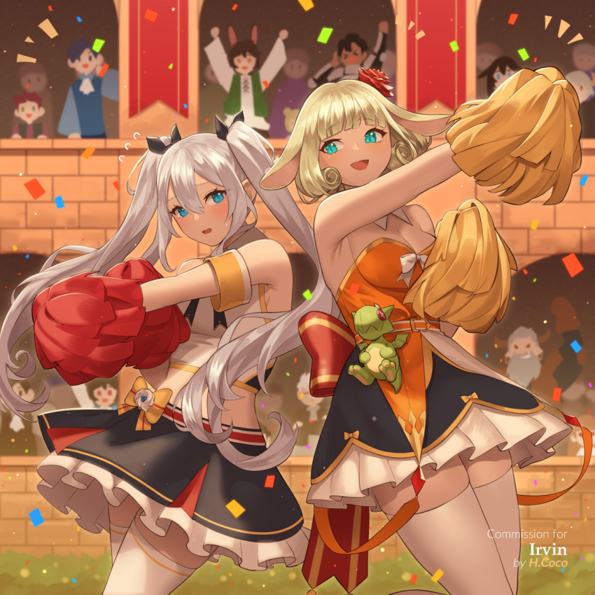 4girls 6+boys :d animal_ears annelie_(dragalia_lost) bare_shoulders black_skirt blonde_hair blue_eyes bow cheerleader commentary commission confetti crop_top day dragalia_lost english_commentary frilled_skirt frills hair_between_eyes hentaki highres holding horns long_hair midriff multiple_boys multiple_girls noelle_(dragalia_lost) notice_lines orange_bow outdoors outstretched_arm pom_pom_(cheerleading) red_bow shirt skirt sleeveless sleeveless_shirt smile strapless thighhighs twintails very_long_hair watermark white_hair white_legwear white_shirt