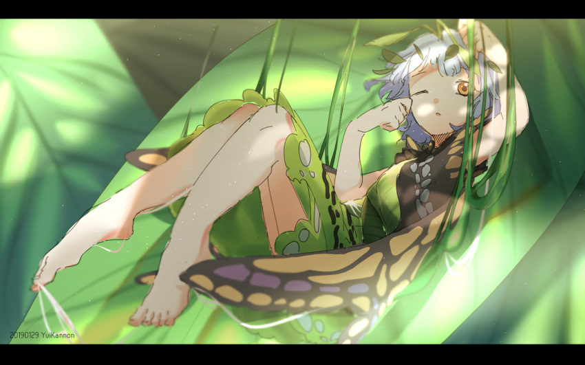 antennae aqua_hair artist_name barefoot butterfly_wings dated dress eternity_larva fairy female green_dress insect_wings leaf leaf_on_head letterboxed multicolored_clothes multicolored_dress one_eye_closed open_mouth orange_eyes parted_lips short_hair solo touhou wings yuikannon