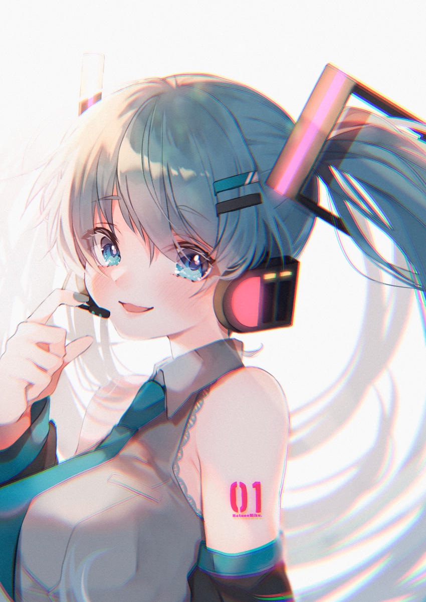 absurdres alternate_breast_size aqua_eyes aqua_hair aqua_necktie arm_tattoo bad_id bad_pixiv_id bare_shoulders blush breasts collared_shirt detached_sleeves female from_side glowing grey_nails grey_shirt hair_ornament hairclip hatsune_miku headphones headset highres lace lace-trimmed_shirt lace_trim large_breasts long_hair looking_at_viewer nail_polish necktie open_mouth photoshop_(medium) shirt simple_background smile solo suna_co tattoo twintails upper_body vocaloid white_background