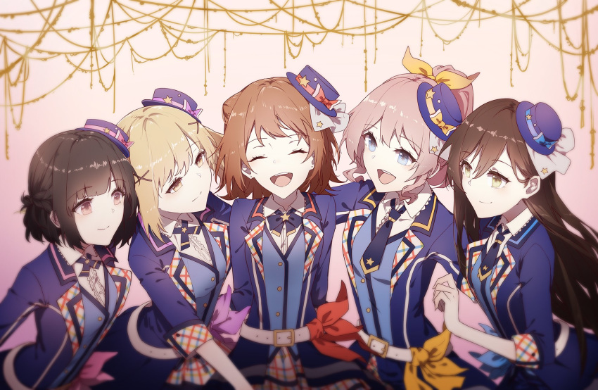 5girls :d ^_^ aeror bang_dream! belt black_hair blazer blue_bow blue_eyes blue_headwear blue_jacket blue_vest blunt_bangs bow brown_hair closed_eyes closed_mouth collared_shirt commentary gradient_background green_eyes hair_between_eyes hair_ornament hair_ribbon hanazono_tae happy hat hat_bow highres ichigaya_arisa jacket long_hair looking_at_another mini_hat multiple_girls neck_ribbon necktie open_mouth pink_background pink_bow plaid plaid_skirt poppin'party purple_bow red_bow red_eyes ribbon shirt short_hair side-by-side skirt sleeve_cuffs smile star_(symbol) toyama_kasumi upper_body ushigome_rimi vest white_shirt x_hair_ornament yamabuki_saya yellow_bow yellow_ribbon