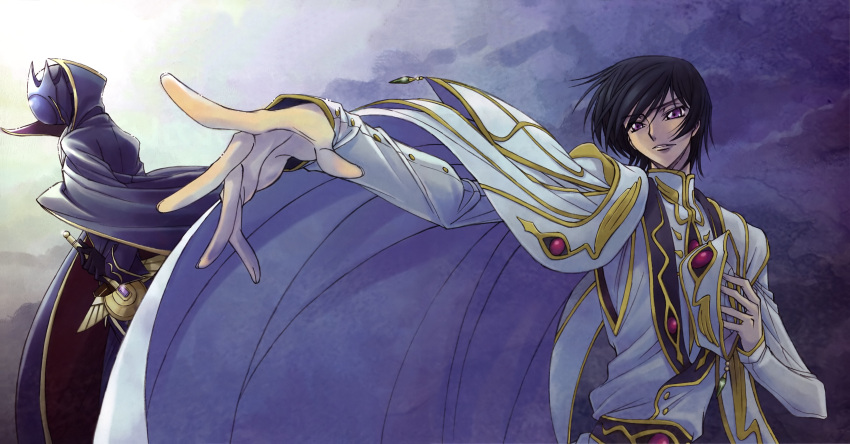 2boys absurdres album_cover black_hair code_geass cover hands highres kimura_takahiro lelouch_vi_britannia male_focus multiple_boys official_art ookouchi_ricca purple_eyes zero_(code_geass)