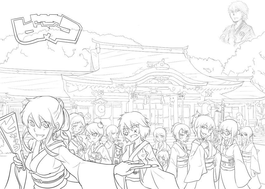 1boy 6+girls amagasa_kyouichirou andou_nene bad_id bad_pixiv_id building detached_sleeves frog_hair_ornament greyscale hair_ornament highres hyakko iizuka_tatsuki japanese_clothes kageyama_torako kazamatsuri_touma kimono long_hair long_sleeves looking_at_viewer makunouchi_ushio monochrome multiple_girls nikaidou_hitsugi nonomura_ayumi nontraditional_miko ooba_minato outdoors photoshop_(medium) saotome_suzume shrine tsubomiya_inori usushio_(s37berkut) very_long_hair vest