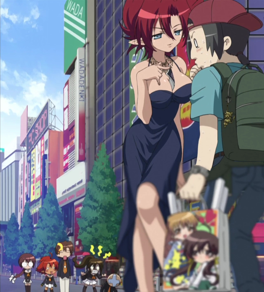 3boys 4girls =_= ? ^^^ ahoge angry anime_screenshot arms_at_sides backpack backwards_hat bag bag_charm bare_shoulders baseball_cap belt between_breasts black_hair black_legwear black_shirt blue_eyes blue_shirt blue_sky blurry blurry_foreground blush_stickers bow braid breasts brown_belt brown_hair building charm_(object) chibi city cleavage clenched_teeth cloud cocktail_dress dark_skin day depth_of_field dress feet_out_of_frame floating_hair glasses glowing glowing_eyes hair_between_eyes hair_tie hairbow half-closed_eyes halterneck hand_up hands_up hasegawa_suzuho hasegawa_takuto hat high_ponytail highres hip_focus holding holding_bag impossible_clothes impossible_dress jaw_drop jewelry kirishima_futaba lamppost large_breasts leaning_forward legs_apart legs_together long_hair long_pointy_ears long_sleeves looking_at_another looking_down low_ponytail magician's_academy miniskirt multiple_boys multiple_girls naughty_face necklace necktie no_pupils o_o opaque_glasses open_mouth orange_necktie otaku outdoors pants parted_lips photo_(object) pleated_skirt pointy_ears ponytail profile pursed_lips railing red_hair red_headwear road sad sailor_collar school_uniform serafuku shirt shopping_bag short_sleeves sign sitting skirt sky skyscraper smile spaghetti_strap spiked_hair standing stitched storefront street surprised sweat synclavia t-shirt tanarot teeth thighhighs third-party_edit tree v_arms very_long_hair white_bow white_pants white_sailor_collar white_skirt wristband zipper