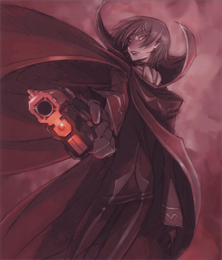 1boy black_hair cape code_geass dark gun highres kimura_takahiro lelouch_vi_britannia male_focus official_art ookouchi_ricca solo weapon zero_(code_geass)