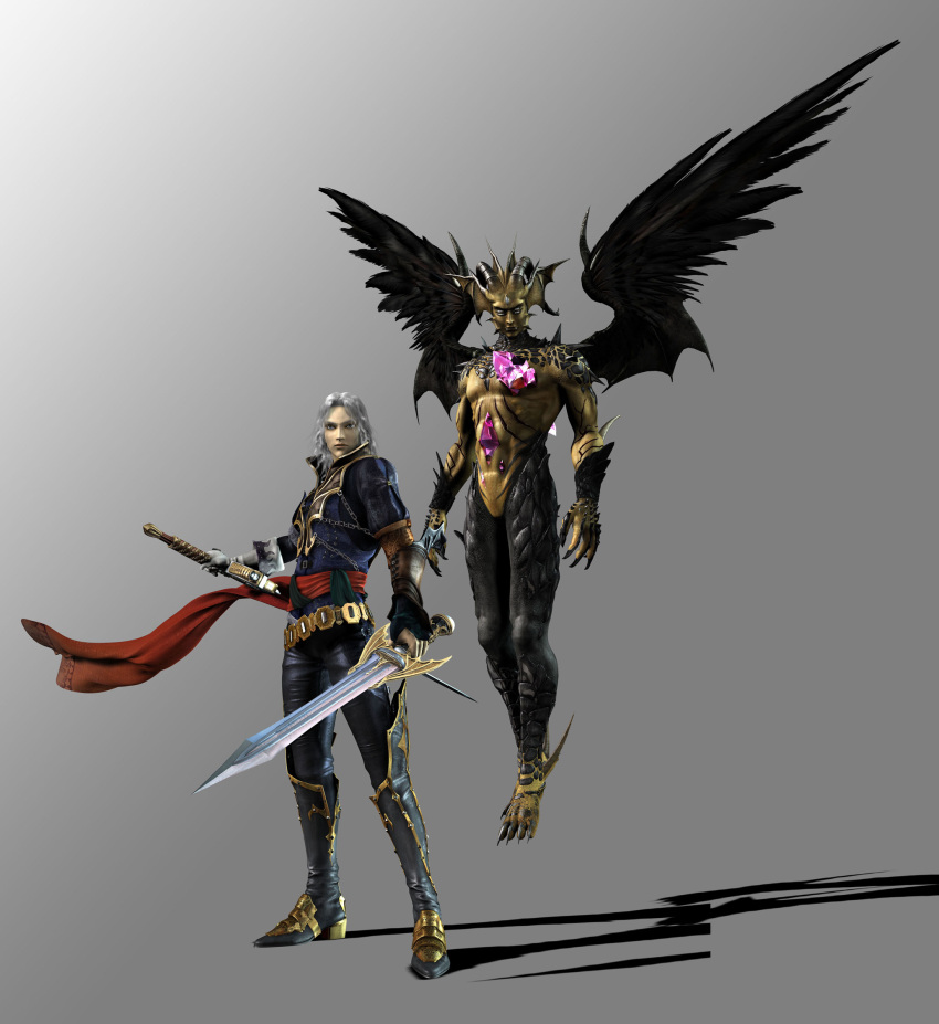 2boys 3d castlevania:_curse_of_darkness castlevania_(series) demon hector_(castlevania) highres innocent_devil male_focus multiple_boys official_art sword weapon white_hair wings