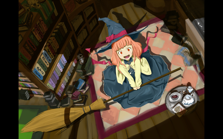 :d blunt_bangs book bookshelf broom commentary_request female from_above happy hat highres open_mouth orange_hair original red_eyes smile solo witch witch_hat yammy_(cellblo)