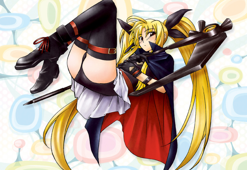 ass bardiche_(device_form)_(nanoha) bardiche_(nanoha) belt blonde_hair boots cape commentary_request fate_testarossa fate_testarossa_(original_form) female full_body gloves holding holding_staff hozumi_takashi leotard leotard_peek long_hair lyrical_nanoha mahou_shoujo_lyrical_nanoha photoshop_(medium) red_belt red_eyes scythe solo staff thighhighs twintails two-sided_cape two-sided_fabric