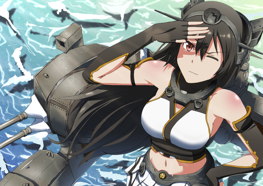 breasts futami_(mg42fw190d) kantai_collection nagato_(kancolle) navel water wink