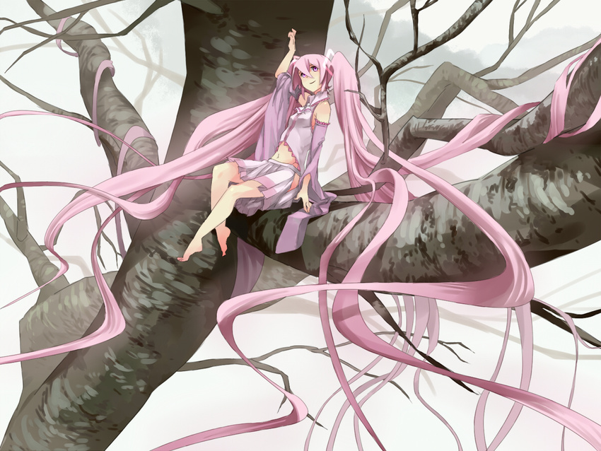 alternate_color alternate_hair_color barefoot commentary_request detached_sleeves female hatsune_miku in_tree long_hair navel necktie nemeko pink_eyes pink_hair sakura_miku sitting sitting_in_tree skirt smile solo tree twintails very_long_hair vocaloid