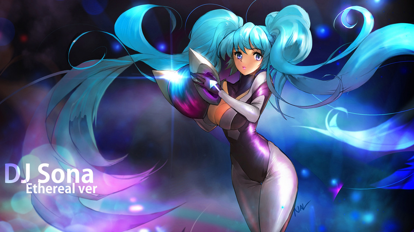 aqua_hair blue_eyes bodysuit breasts cleavage gloves league_of_legends nal_(nal's_pudding) signed skintight sona_buvelle twintails watermark