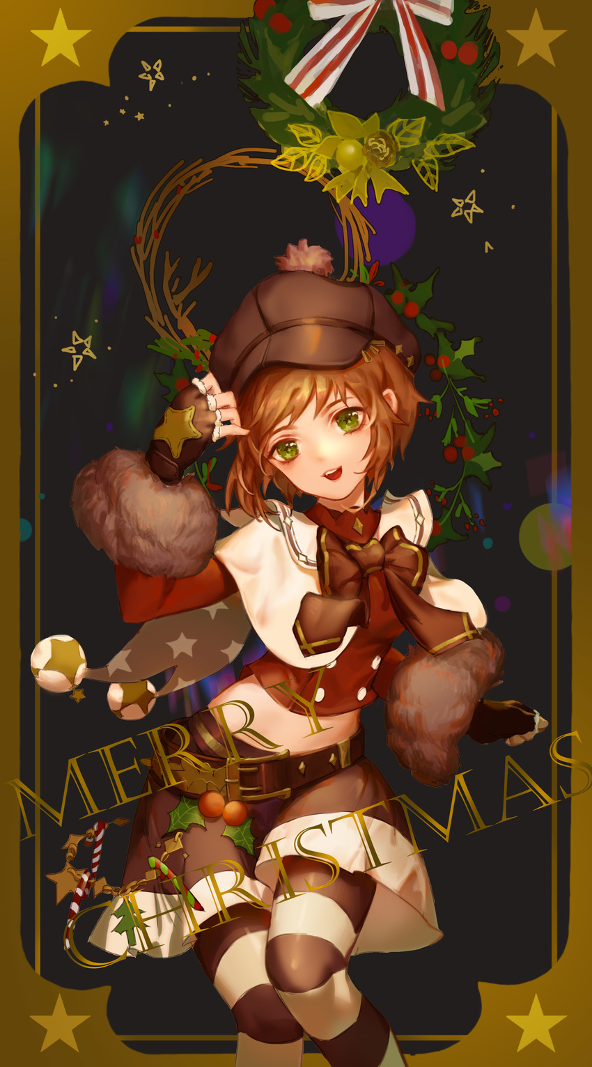 absurdres bad_id bad_pixiv_id balabling brown_hair card cardcaptor_sakura christmas commentary_request female green_eyes hat highres kinomoto_sakura looking_at_viewer magical_girl open_mouth photoshop_(medium) short_hair smile solo