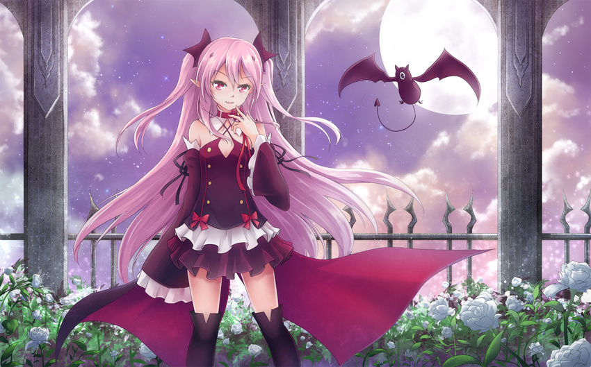 animal asakurashinji bat cape collar flowers krul_tepes moon night oerba_yun_fang owari_no_seraph pink_hair pointed_ears thighhighs vampire